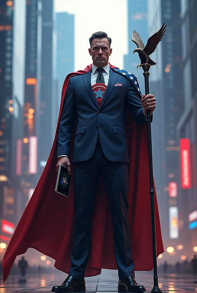 A towering figure in a suit, with a shield emblem on their chest and a flowing cape with stars and stripes Standing in front of a sprawling metropolis with sleek skyscrapers and neon lights One hand holds a tablet with a glowing screen, representing technological prowess The other hand grasps a scepter with an eagle on top, symbolizing power and authority Eyes glow with a fierce determination, reflecting the country's strong sense of ambition and progress