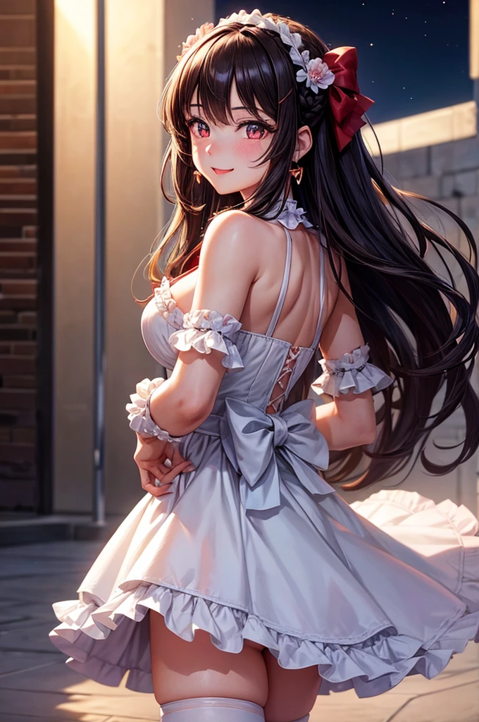 A beautiful girl in a short white and pink dress posing on a balcony, outside, night, (magical girl cosplay), fluffy layered skirt, thigh highs, big rounds breasts, dark brown hair, long bangs, french braid, long hair, wavy hair, shiny hair, hairclip, hair flower, big red bow for hair, red bow choker, aqua eyes, glowing eyes, pupils sparkling, beautiful detailed eyes, earrings, smile, blush, expressions, smiley, happy, red lips, high detail, anime, anime style, depth of field, cinematic lighting, natural lighting, dithering, image fill, multiple views, first-person view, perspective, panorama, Wide-Angle, f/1.8, 85mm, Sony FE, 8k, super detail, UHD, retina, masterpiece, accurate, anatomically correct, textured skin, high details, best quality, highres, 16k