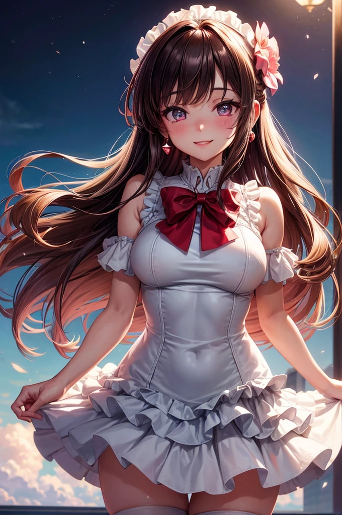 A beautiful girl in a short white and pink dress posing on a balcony, outside, night, (magical girl cosplay), fluffy layered skirt, thigh highs, big rounds breasts, dark brown hair, long bangs, french braid, long hair, wavy hair, shiny hair, hairclip, hair flower, big red bow for hair, red bow choker, aqua eyes, glowing eyes, pupils sparkling, beautiful detailed eyes, earrings, smile, blush, expressions, smiley, happy, red lips, high detail, anime, anime style, depth of field, cinematic lighting, natural lighting, dithering, image fill, multiple views, first-person view, perspective, panorama, Wide-Angle, f/1.8, 85mm, Sony FE, 8k, super detail, UHD, retina, masterpiece, accurate, anatomically correct, textured skin, high details, best quality, highres, 16k