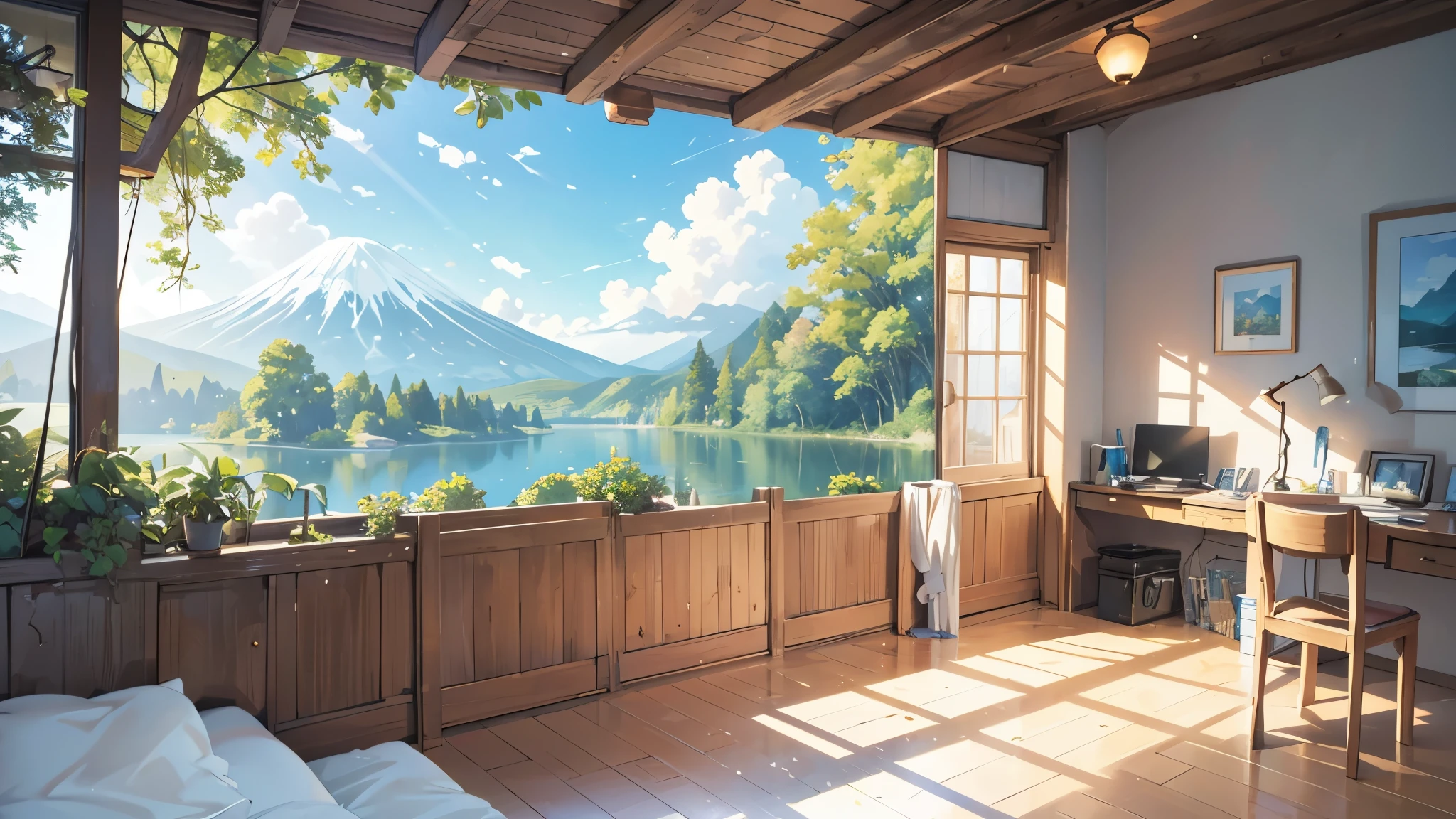 View of a forest with trees. a lake and a volcano in a spacious room with a large window and many windows, studio ghibli sunlight, cheered up background art, beautiful cheered up scene, I study Makoto Shinkai with ease, with natural light background, cheered up. Soft lighting, beautiful natural lighting, beautiful aesthetic art, beautiful cheered up scenery, interior background art, cheered up aesthetic, cheered up scenery, Bright interior photo in daylight