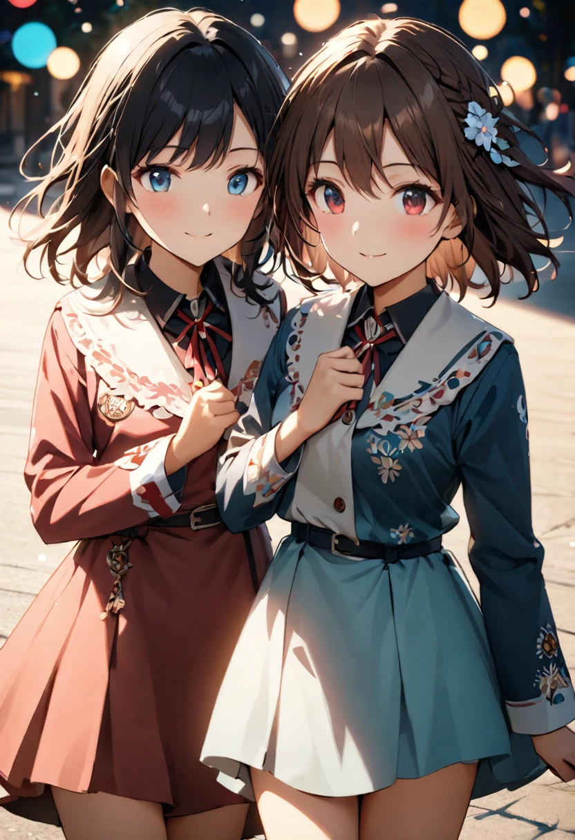 Highest quality,Delicate illustration,Detailed depiction, masterpiece, Boho Eye Hinai Girl, Playful Themes, Group of 2、Two girls、High school girls、Same uniform、Raw photo of a girl in uniform。Decorative details and symbols are often used。, Brown hair gently fluttering in the wind,Clear blue eyes、great joy、Raw photo of a girl in uniform。Decorative details and symbols are often used。, Black hair gently fluttering in the wind,Clear red eyes、A gentle smile、 Long-distance shots, High Key Light, Hard Shadows, Soft bokeh, Professional photography, A balanced deal, Balanced Exposure,