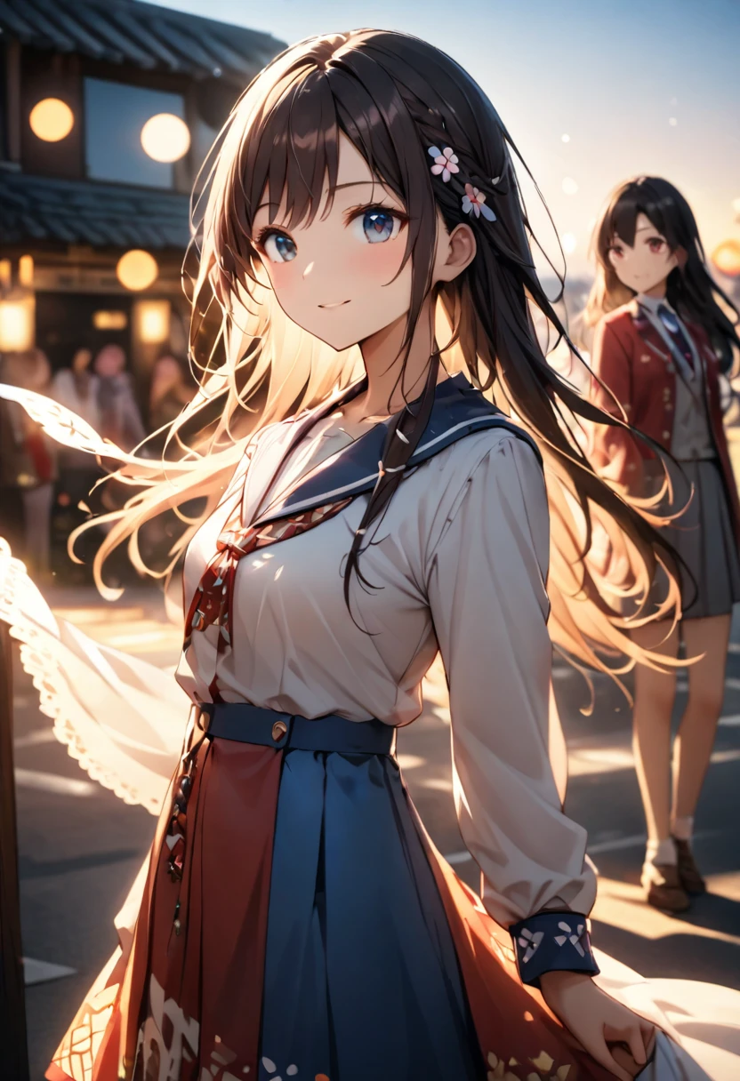 Highest quality,Delicate illustration,Detailed depiction, masterpiece, Boho Eye Hinai Girl, Playful Themes, Group of 2、Two girls、High school girls、Same uniform、Raw photo of a girl in uniform。Decorative details and symbols are often used。, Brown hair gently fluttering in the wind,Clear blue eyes、great joy、Raw photo of a girl in uniform。Decorative details and symbols are often used。, Black hair gently fluttering in the wind,Clear red eyes、A gentle smile、 Long-distance shots, High Key Light, Hard Shadows, Soft bokeh, Professional photography, A balanced deal, Balanced Exposure,