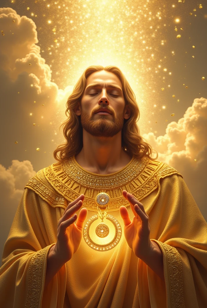 A beautiful Jesus is a very beautiful figure dressed in diamond gold Create the most beautiful professional photos Make photo like god pouring gold diamond from sky