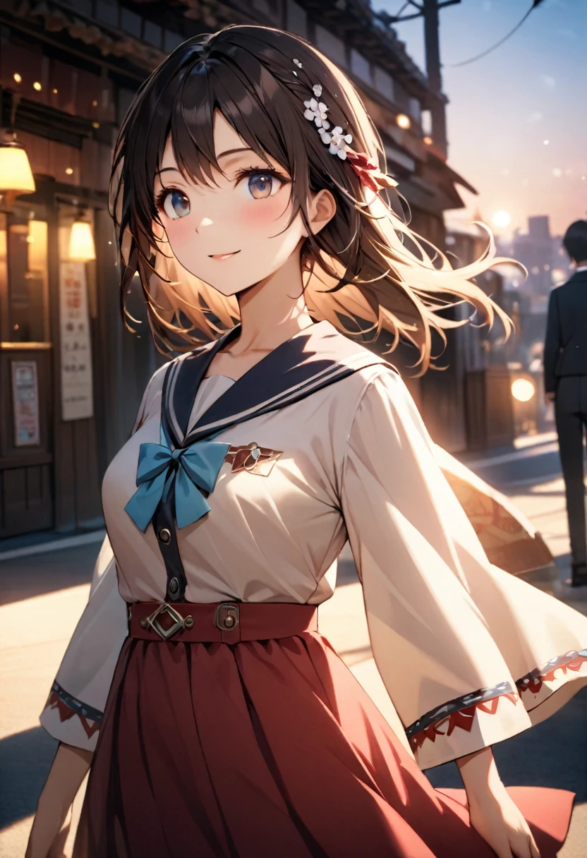 Highest quality,Delicate illustration,Detailed depiction, masterpiece, Boho Eye Hinai Girl, Playful Themes, Group of 2、Two girls、High school girls、Same uniform、Raw photo of a girl in uniform。Decorative details and symbols are often used。, Brown hair gently fluttering in the wind,Clear blue eyes、great joy、Raw photo of a girl in uniform。Decorative details and symbols are often used。, Black hair gently fluttering in the wind,Clear red eyes、A gentle smile、 Long-distance shots, High Key Light, Hard Shadows, Soft bokeh, Professional photography, A balanced deal, Balanced Exposure,