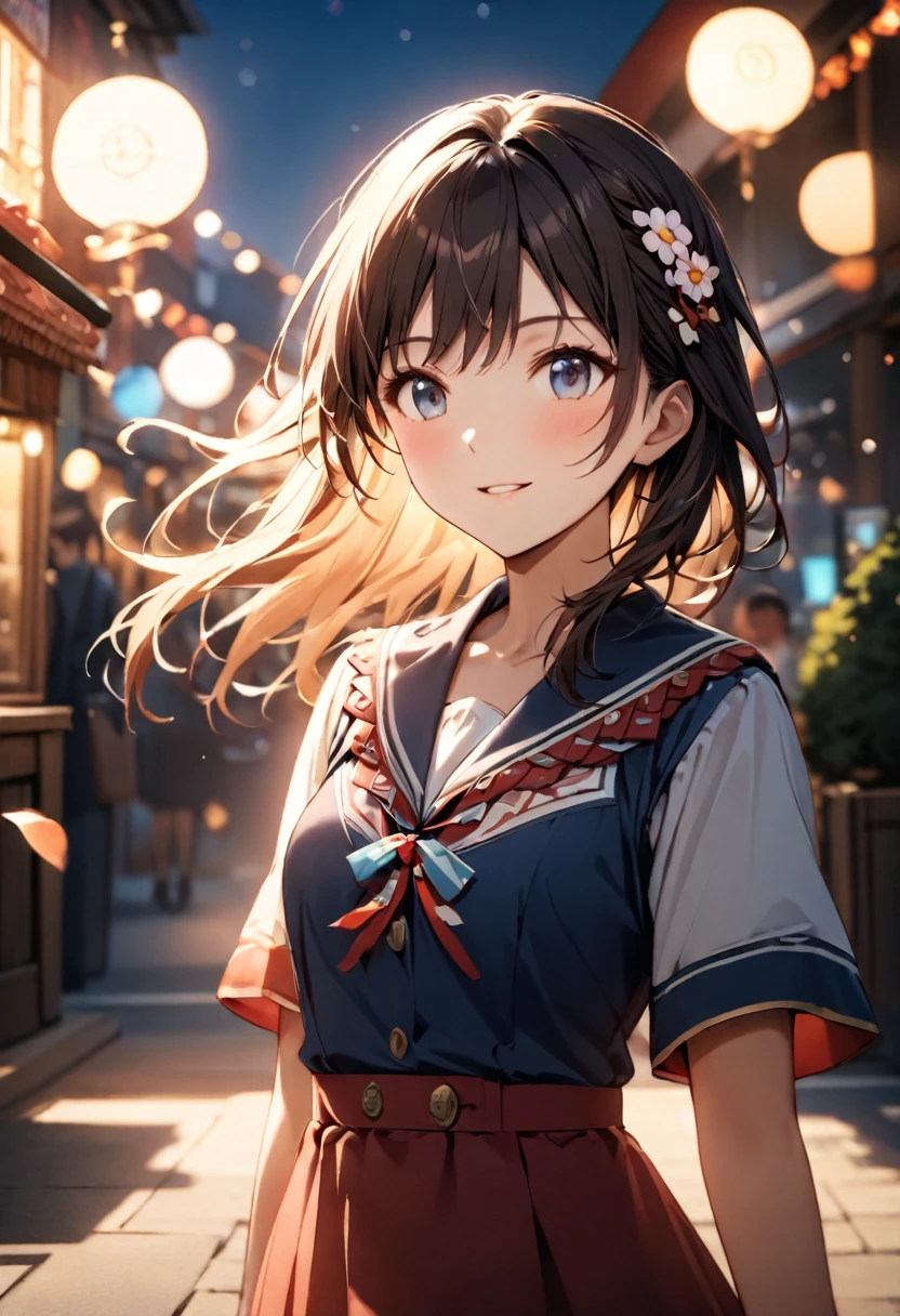 Highest quality,Delicate illustration,Detailed depiction, masterpiece, Boho Eye Hinai Girl, Playful Themes, Group of 2、Two girls、High school girls、Same uniform、Raw photo of a girl in uniform。Decorative details and symbols are often used。, Brown hair gently fluttering in the wind,Clear blue eyes、great joy、Raw photo of a girl in uniform。Decorative details and symbols are often used。, Black hair gently fluttering in the wind,Clear red eyes、A gentle smile、 Long-distance shots, High Key Light, Hard Shadows, Soft bokeh, Professional photography, A balanced deal, Balanced Exposure,