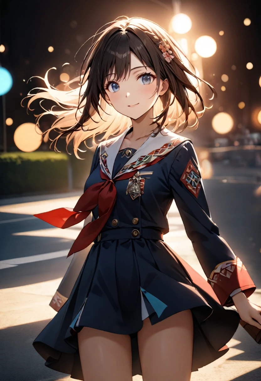 Highest quality,Delicate illustration,Detailed depiction, masterpiece, Boho Eye Hinai Girl, Playful Themes, Group of 2、Two girls、High school girls、Same uniform、Raw photo of a girl in uniform。Decorative details and symbols are often used。, Brown hair gently fluttering in the wind,Clear blue eyes、great joy、Raw photo of a girl in uniform。Decorative details and symbols are often used。, Black hair gently fluttering in the wind,Clear red eyes、A gentle smile、 Long-distance shots, High Key Light, Hard Shadows, Soft bokeh, Professional photography, A balanced deal, Balanced Exposure,