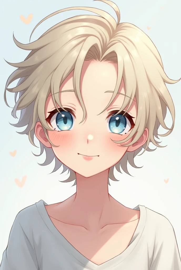 until: style digital art Nationality: Japanese Gender: Male Age: Weight: 35 kg Height: 1.50 m Physical appearance:
face: heart, with soft cheekbones and a delicate chin Eyes: light blue, big and shiny, with long and curved eyelashes Hair: light blonde, curly and short, with locks falling over his forehead Nose: small and delicate, slightly upturned lips: fat, Rosy and fleshy, with an angelic smile Skin: Pale and soft, with a slightly pinkish tone on the cheeks Complexion: Slim and petite, with a slim and elegant silhouette