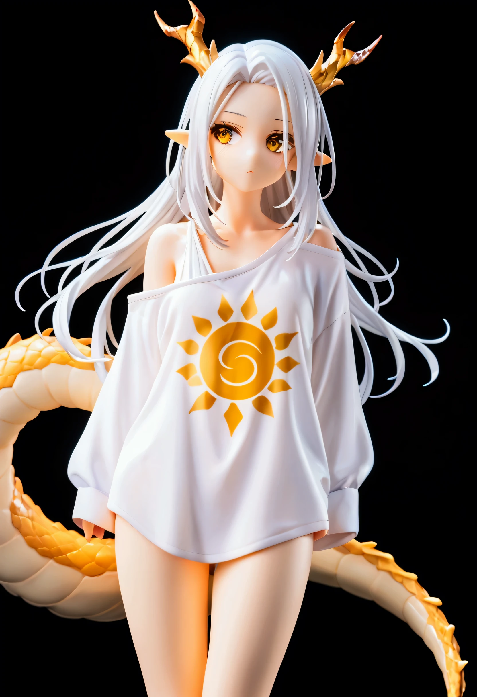 1girl, solo, long hair, white hair, parted bangs, short bangs, forehead, yellow eyes, dragon girl, golden dragon horns, dragon tail, white dragon tail, yellow tail spikes, pointy ears, golden scales on cheek, wearing a white shirt, oversized shirt, bare shoulder, bare legs, arms on sides, cowboy shot, black background, simple background, masterpiece, best quality, score_9, score_8_up, score_7_up, score_6_up