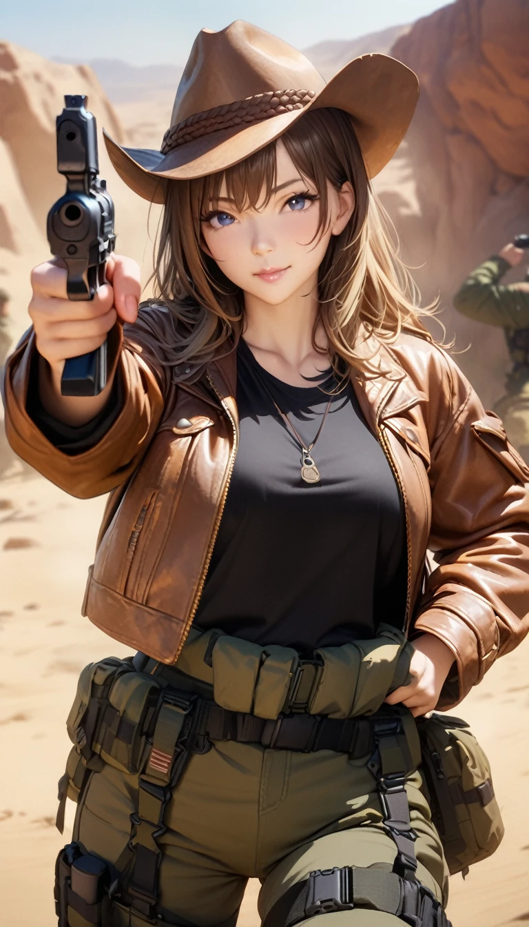 pointing pistol,(Highest quality),(Ultra-high resolution),(Very detailed),(The best CG),(masterpiece),RAW Photos, 8k、Realistic、Cool adult woman、score_9、score_8_up、score_7_up、score_6_up、source_アニメ、1girl、Cowboy hat、Dark blonde hair、Shaggy Hair、Black Shirt、tactical pants、Tactical Holder、Brown leather jacket、Paintball、Paint Spot、blue eyes、Aim the pistol、Hold a pistol、Cowboy Shot、masterpiece、Depth of written boundary、