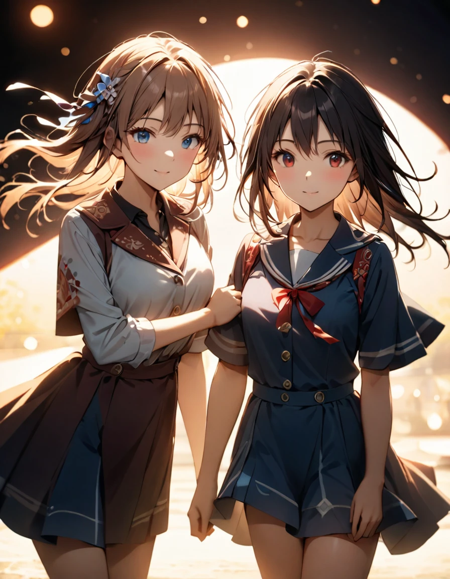 Highest quality,Delicate illustration,Detailed depiction, masterpiece, Boho Eye Hinai Girl, Playful Themes, Group of 2、Two girls、High school girls、Same uniform、Raw photo of a girl in uniform。Decorative details and symbols are often used。, Brown hair gently fluttering in the wind,Clear blue eyes、great joy、Raw photo of a girl in uniform。Decorative details and symbols are often used。, Black hair gently fluttering in the wind,Clear red eyes、A gentle smile、 Long-distance shots, High Key Light, Hard Shadows, Soft bokeh, Professional photography, A balanced deal, Balanced Exposure,