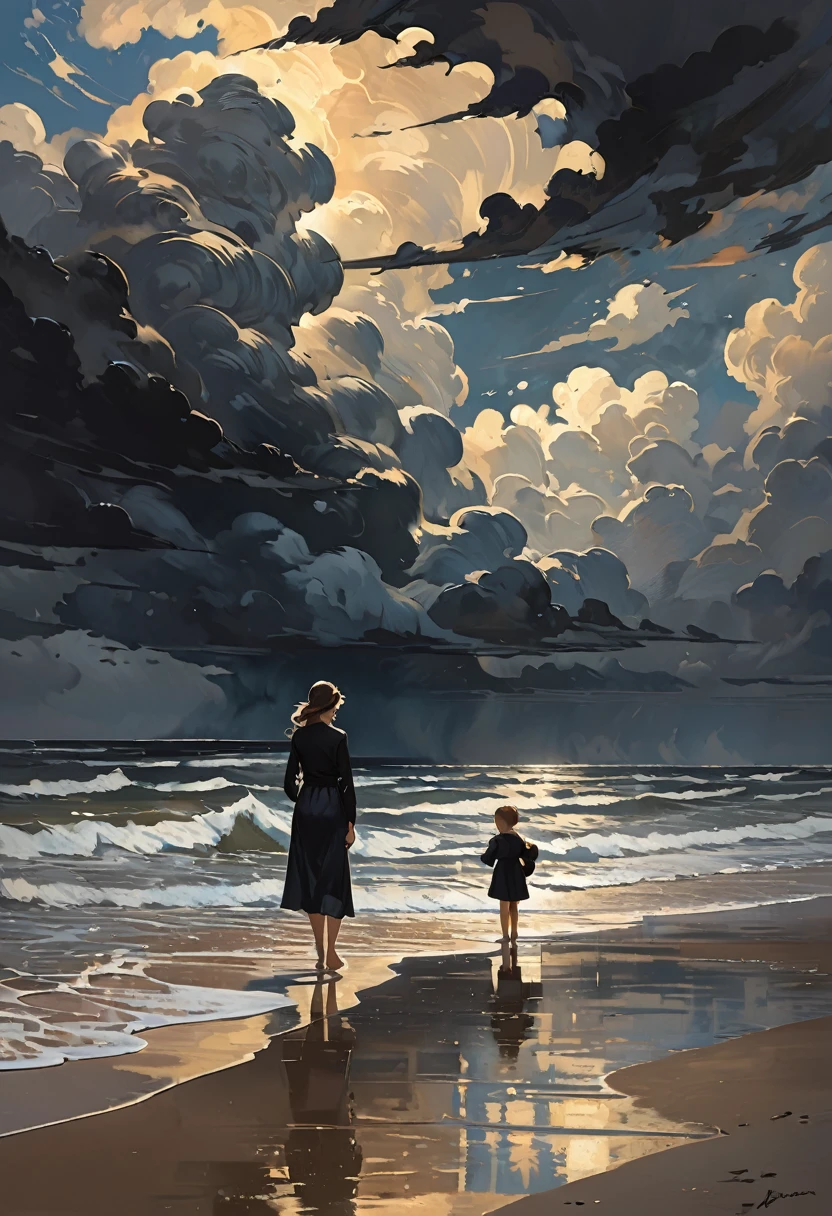 In the style of American impressionist paintings, Frank Weston Benson style, a mother and child standing on the beach looking at the sea, dark sand, the mother and child are reflected in the wet sand, rough sea, black clouds, the sky is threatening a storm,