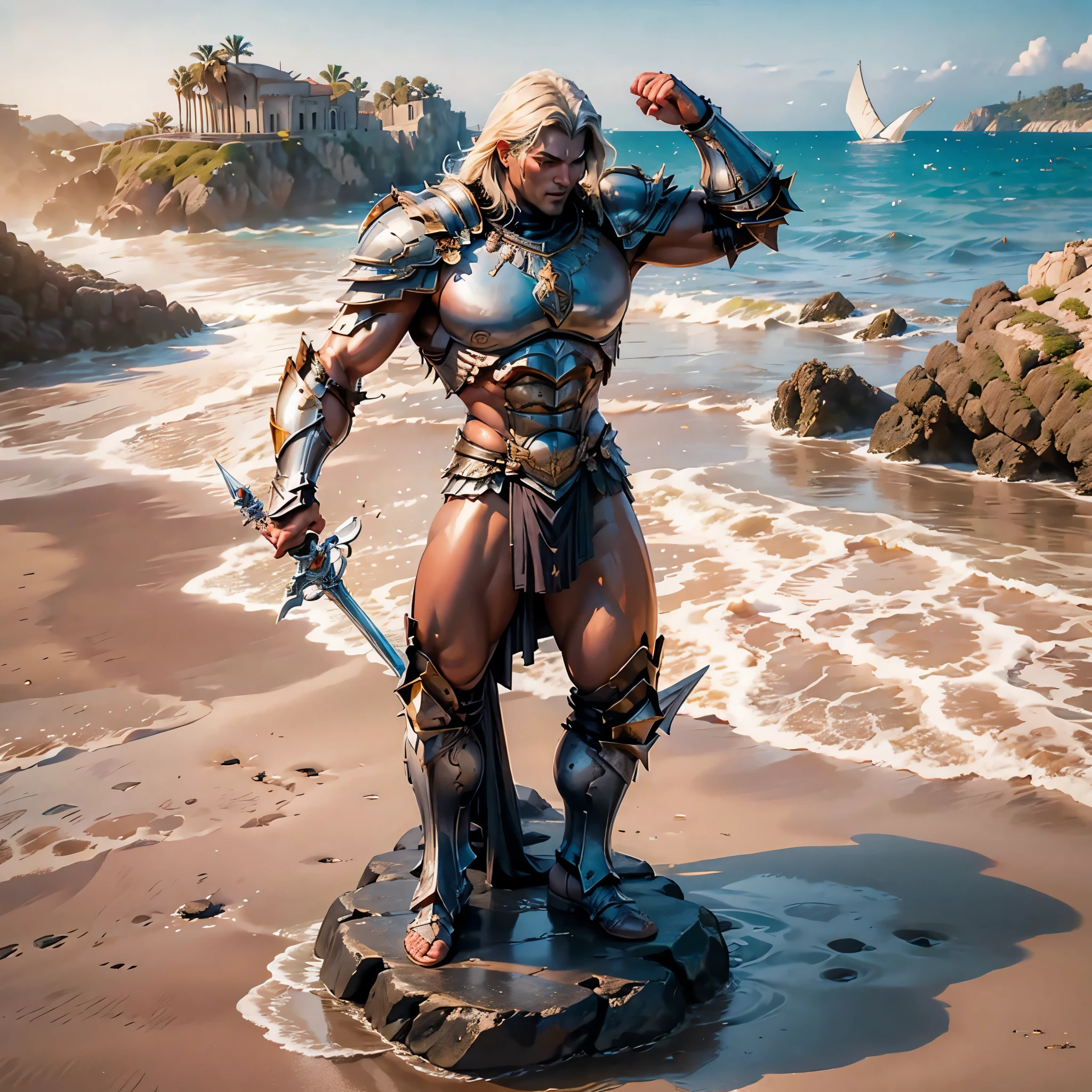 8k image, super realistic, One Giant Muscle Colossus of Rhodes All in bronze, looking at ocean with legs spread on two rocks and the sea passing between your feet, holding one sword of Conan with his right hand, with gladiator armor on ful body, with head gladiator armor, perfect face, perfect hands, at the entrance to the port of Santos in the country Brazil, with perfect naked womans on the beach, with perfect seagulls flying in the background, boats passing between the legs of the Colossus of Rhodes. Sunny day.