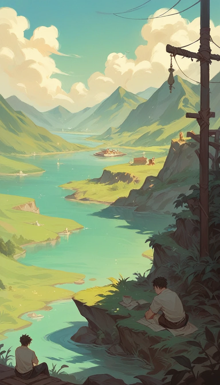 A cupel is sitting by the river with the girl resting her head on the boy's shoulder,The two of them sat on the banks of the river and watched the sun set in the city,The picture was taken behind them