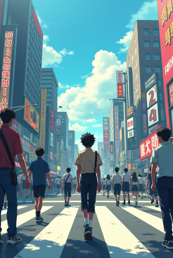 A school student walks through the Shibuya Scramble Crossing, Tall high school boy, back view, delinquent style, slam dunk, retro, pastels, wide shot,