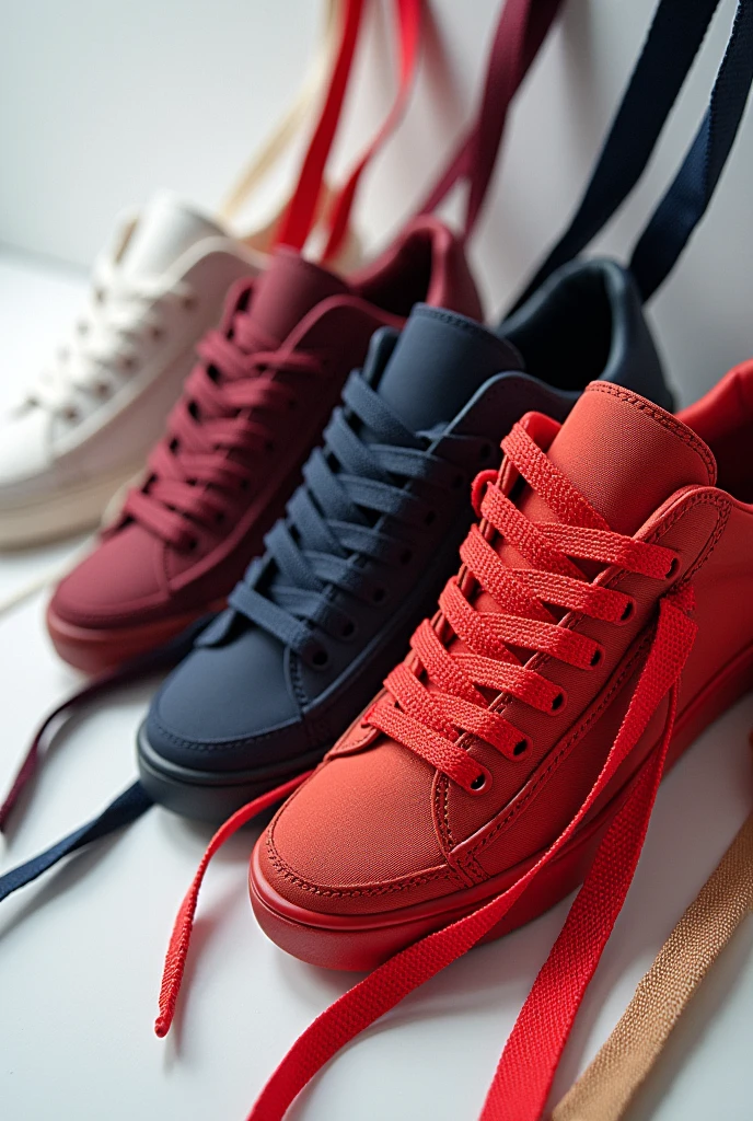Can you create a beautiful poster with round and other flat shoe laces?, white in color, red in color, black in color, burgundy color, navy blue in color, beige in color