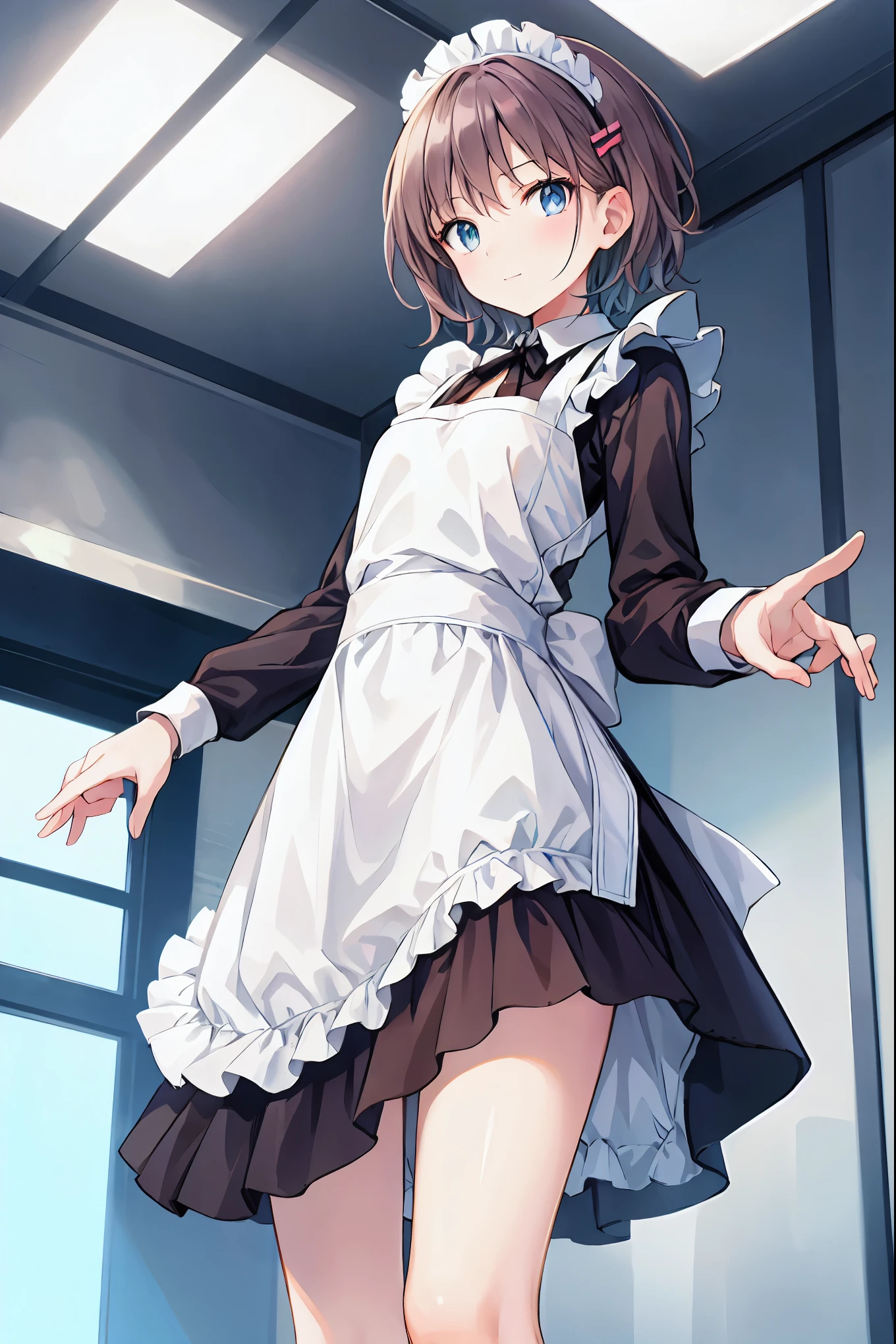 Brown Hair，Shortcuts，Messy Hair，Slender beauty，A dignified posture，Small chest，Beautiful feet，Her captivating grey-blue eyes shine like stars，masterpiece, Highest quality, Very detailed, High resolution, Very detailedCG, smile,、Stylish cafe、Rear view、((From below:1.2)), From the back, cute、Big round eye-aid costume、Maid Costume、Black blouse，Surprised face，looking at the camera