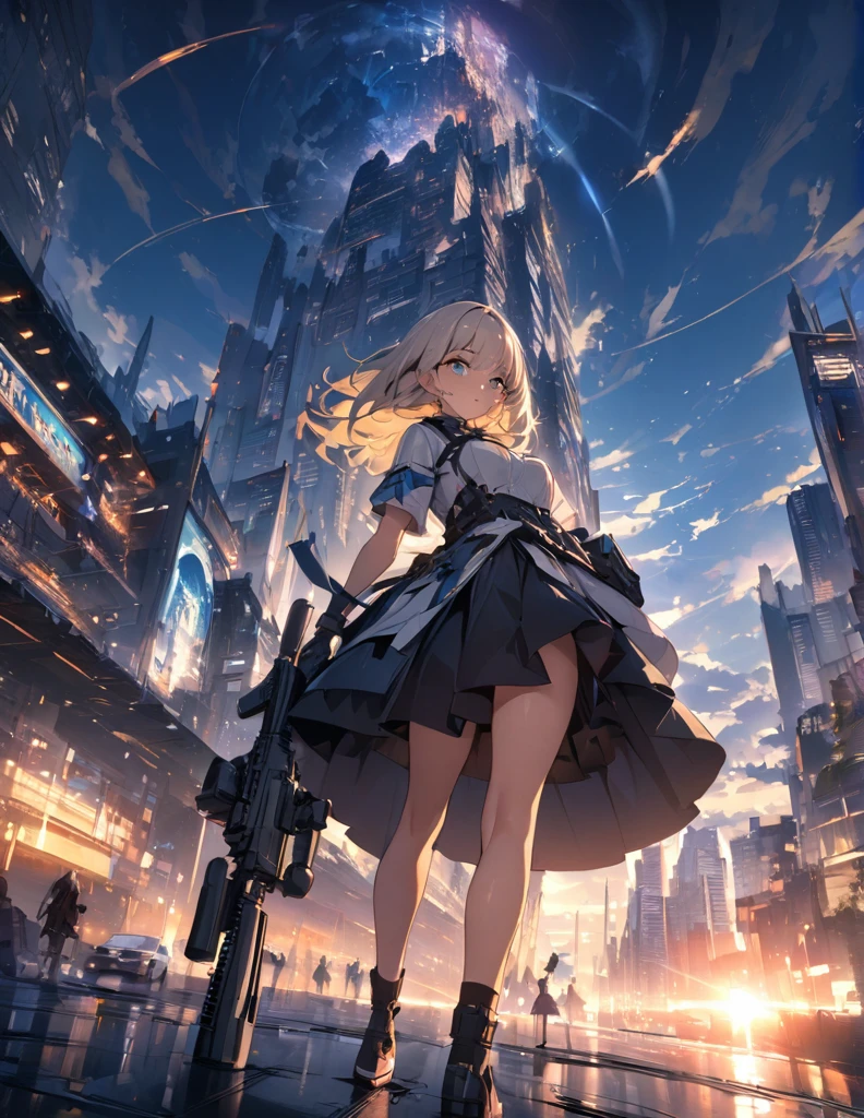 (anime)、(masterpiece:1.2),Atmospheric perspective,Lens flare、Ultra-wide background focused on the girl、Future City、girl standing on the roof、cute、Another World M4 Carbine,Possession of a gun