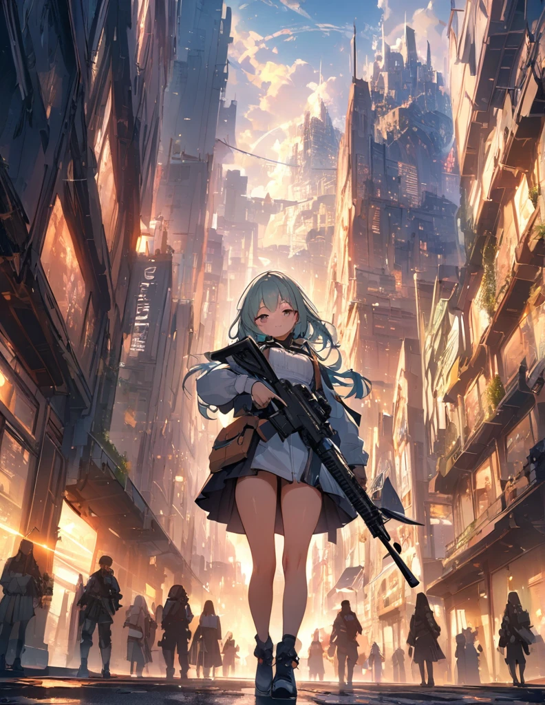 (anime)、(masterpiece:1.2),Atmospheric perspective,Lens flare、Ultra-wide background focused on the girl、Future City、girl standing on the roof、cute、Another World M4 Carbine,Possession of a gun