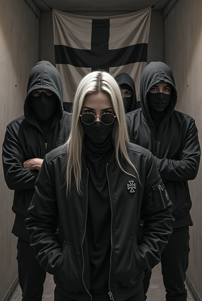 Drawn with charcoal. wide angle. album cover black metal band in a basement.
4 male bandmembers with ski masks and black clothers. their arms behind their backs.
front: 30 year old very beautiful female singer with short blonde side parting haircut, arms crossed,
with sunglasses, bandana covering her mouth,
black bomber jacket with small german military cross on the sleeves.
background: flag of german empire

