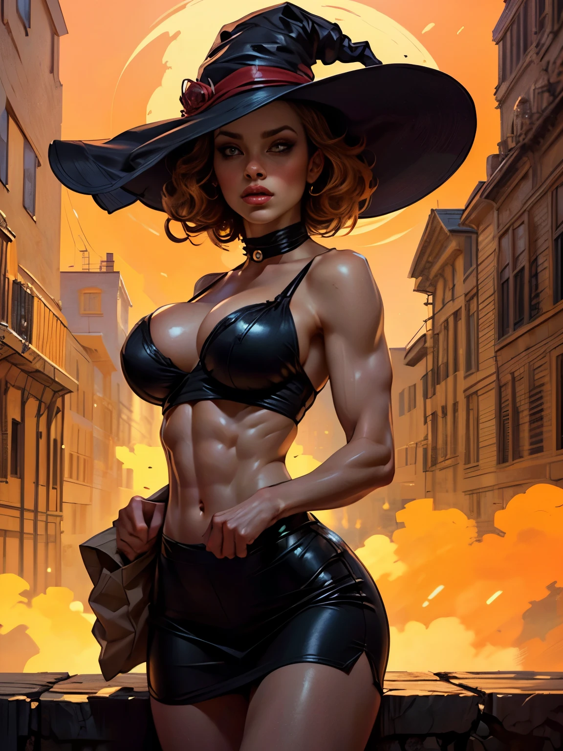full body image (woman, beautiful, Short hair, dark red, undercut, witch, magic, magic hat, sexy, big breasts, Open shoulders, open chest, building muscle, Six-pack abs, play, Detailed portrait (Masterpiece movies, high definition 4k 8k, highest quality:1.2) Excellent details (TRUE, TRUE, TRUE.:1.37) Dynamic action gestures, dynamic light, movie elements, highly detailed face features, Highly detailed eyes and face, Long eyelashes, chiaroscuro light, Stunning shadow, Striking color palette, Bright colors.