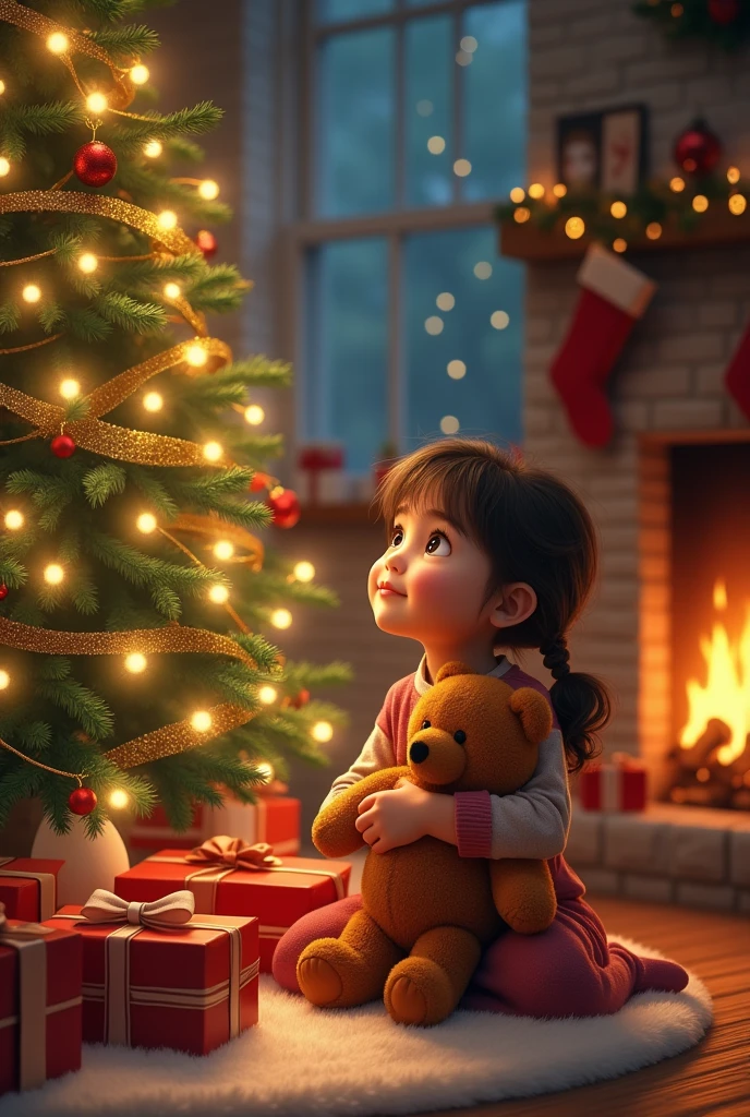 Lily's eyes light up with wonder as she gazes at the twinkling lights adorning the Christmas tree. She squeezes her teddy bear tightly, whispering her Christmas wish into its soft ear. As the fireplace crackles nearby, she looks around excitedly at the festive decorations and neatly wrapped presents.Lily: With a giggle, she hugs her teddy bear close "I can't wait for Santa to come, Mr. Snuggles! I hope he brings me that dolly I asked for. I've been a really good girl this year, haven't I?"