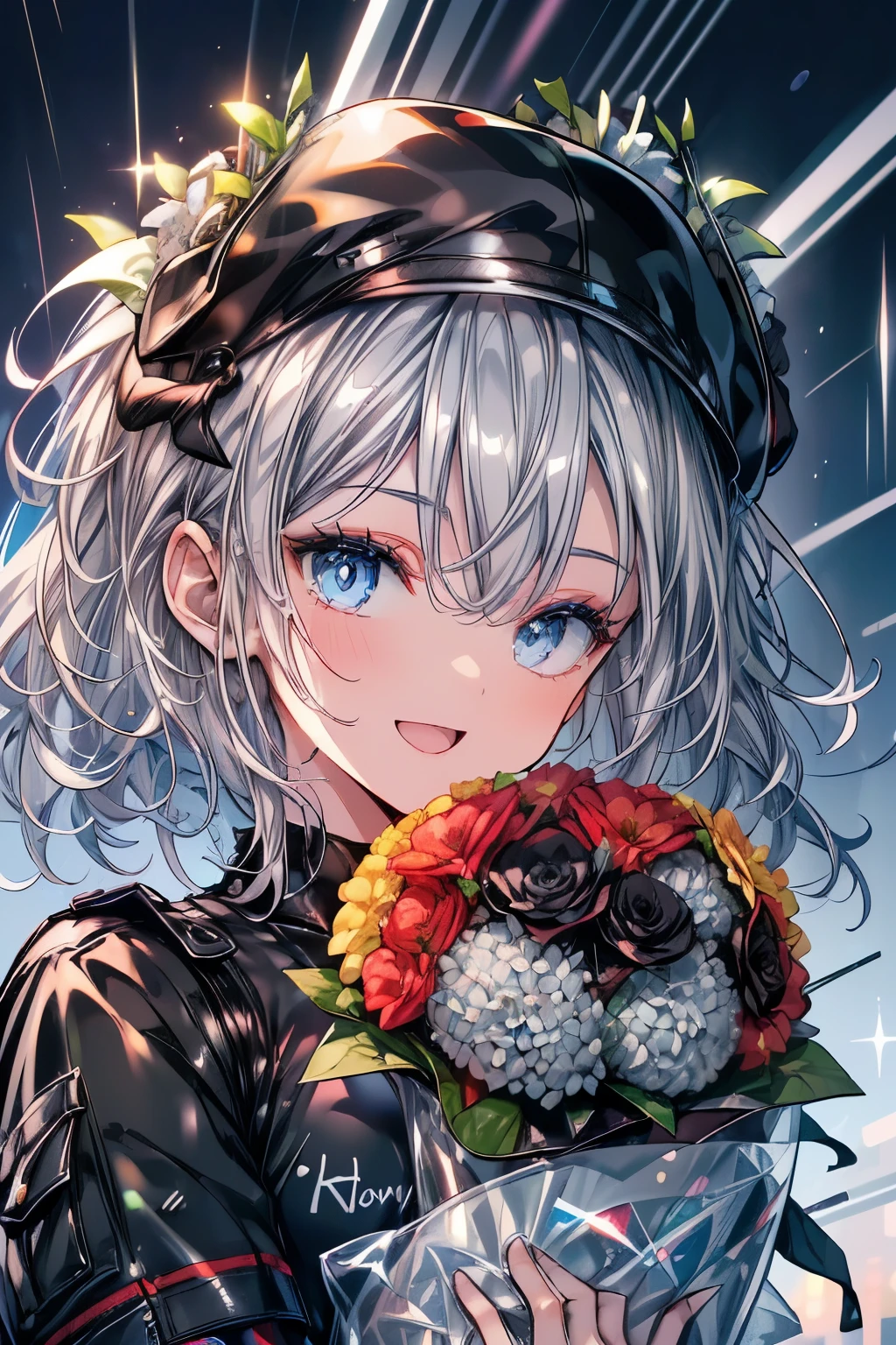 (Best quality,4K,8K,High resolution,Masterpiece:1.2),Super detailed,(Actual, Realistic),highly detailed, top quality, soft skin,Portrait,
break,
((clear blue eyes:1.2)),smiling eyes,beautiful eyelashes,beautiful lower eyelashes,
break,
((Beautiful and shiny silver hair:1.3)),A dazzling smile, a bursting smile, an open mouth laugh,
break,
very happily,
break,
((black cap,black T-shirt,cargo pants:1.3)),
break,
((give a bouquet:1.3)),
break,
((live stage:1.3)),
break,
((bust shot)),zoom in,