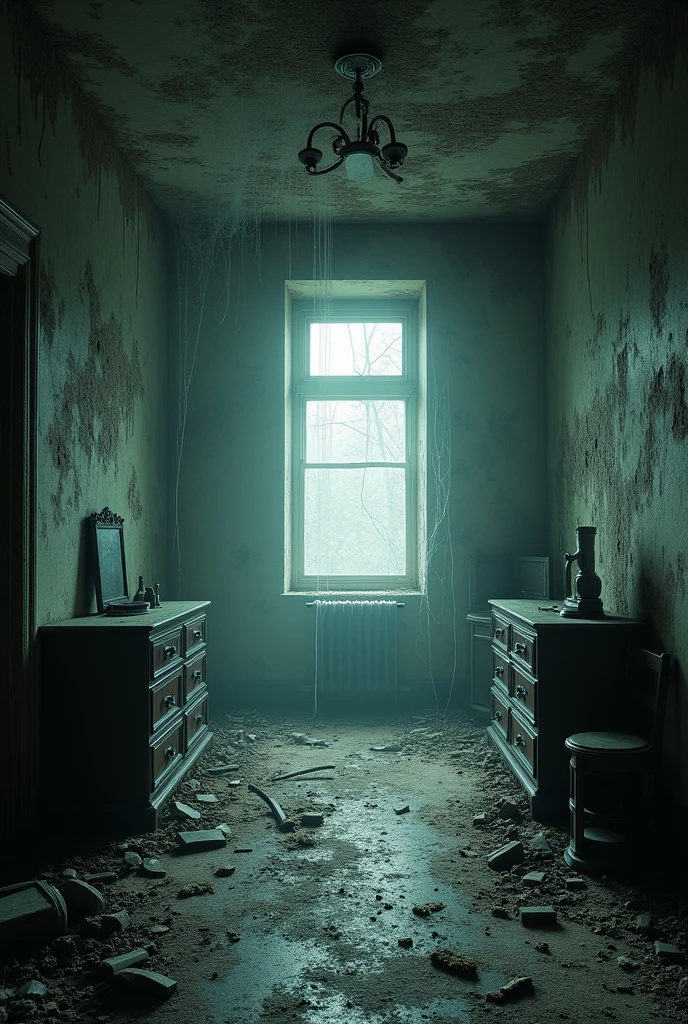 (photorealism:1.2),  creepy, dusty, run down, horror fantasy setting,  inside old room