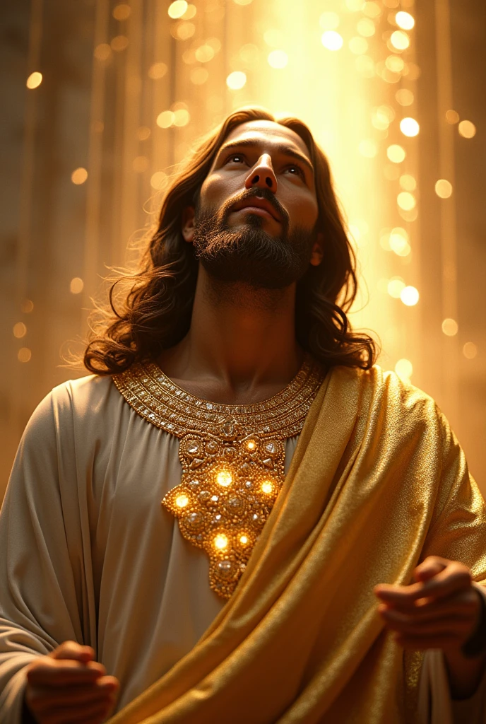 A beautiful Jesus is a very beautiful figure dressed in diamond gold Create the most beautiful professional photos Make photo like god pouring gold diamond from sky top