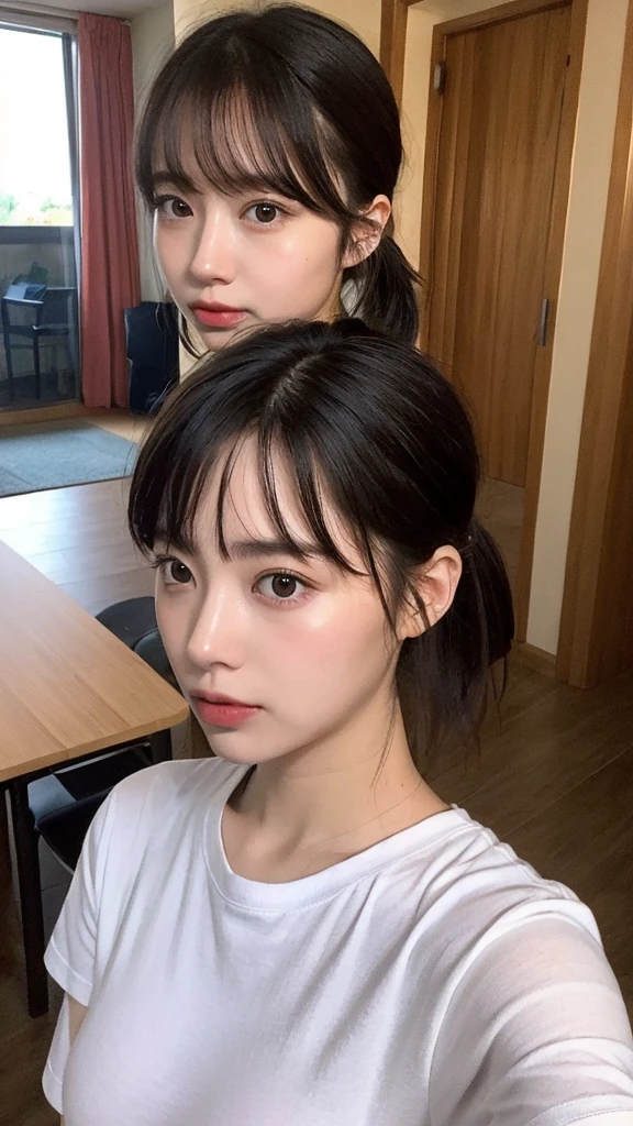 （lifelike, realistic， high resolution：1.3）， 1 fille avec un corps parfait， Super fine face and eyes，Longhaire，pigtails,  Very tight tank top in random colors：1.2， jupe courte， huge tits, Exposer le décolleté, grain de beauté sur sein droit
