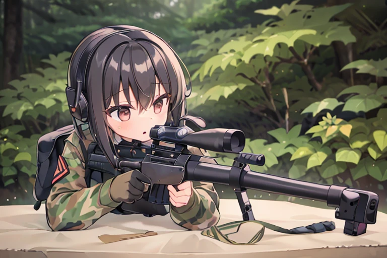 (masterpiece),(Highest quality),(High resolution),(Very detailed),One Woman,4,Mature Woman,Japanese,Black Hair,Short Bob,Beautiful Eyes,Long eyelashes,Beautiful Hair,Beautiful Skin,strict,whole body,break(((sniper rifleで何かを狙う))),((Take in the view))(Lying down),((sniper rifle)),army camouflage uniform,Bulletproof vest, Combat Boots, Tactical Foster,Tactical Headset,(The background is a dense forest),(((Background Blur)))