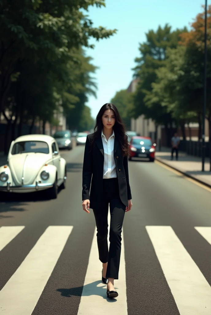 cinematic an image that resembles the iconic album cover of the beatles "abbey road", an woman with long black hair, wearing a black jacket, white shirt, black pants, black shoes, walking across the zebra crossing in abbey from left to right with her head turned towards the cameraman, there is a classic white Volkswagen Beetle parked on the road on the left and further down the road on the right side there are more cars and trees lining the road. This image is very famous and often imitated in popular culture,