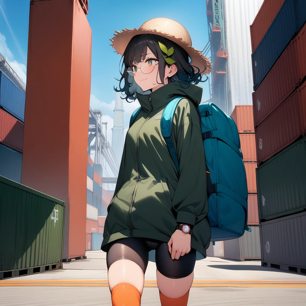 (masterpiece),(best quality),very aesthetic,(ultra-detailed),high saturation,nsfw,1girl,25yo,slender,tall,medium hair,black hair,natural wave hair,flipped hair,dark green eyes,comfortable,smirk,glasses,(straw hat with leaf color ribbon:1.2),carrying a aqua blue rucksack, (thigh-high parka dress with gradient earth color,black bike shorts),long sleeves,Sneaker Shoes,short orange socks,wristwatch,no entry zone,freight port,concrete ground,Wharf with many containers lined up,gantry crane,Skyscrapers tower in the distance,walking,summer,cowboy shot,looking away,blue sky