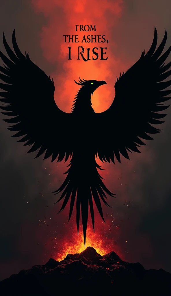 Design: A simple silhouette of a phoenix rising from ashes, against a dark background.Message: "From the ashes, I rise."Details: The phoenix is depicted in black with subtle gradients of red and orange to suggest fire and rebirth, but the overall tone remains dark. The background is a deep black, with just a hint of ash or embers below the phoenix. The text is placed above the phoenix, with strong, determined fonts.