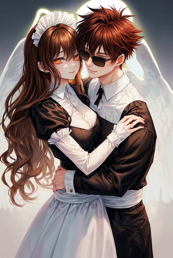 (Draw a 1 man named Ryuu who is a human-wolf hybrid and has brown eyes with black sclera, is thin and wears sunglasses, He wears a student uniform and has short wavy orange-brown hair and next to him is a white 1 woman called Charlie Human with short light brown hair and blue eyes., She also has an angel halo and red glasses and wears a maid outfit., both hugging each other looking at each other with love , They are husband and wife, smile, happy)