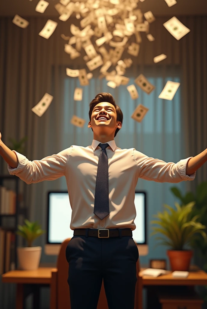 A handsome young Thai trader smiles happily, has a computer, a stock trading profession, looks up, spreads his arms, waits to receive money, with a lot of money falling from the sky, at home.