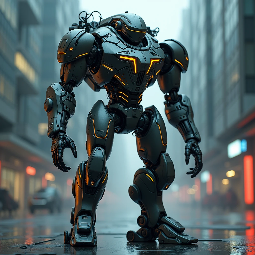a highly detailed cyberpunk mech warrior with advanced composite armor, ceramic body, detailed mechanical parts, glowing lines, neon lights, complex futuristic design, intricate details, dynamic pose, sci-fi atmosphere, cinematic lighting, muted color palette, digital art, concept art style