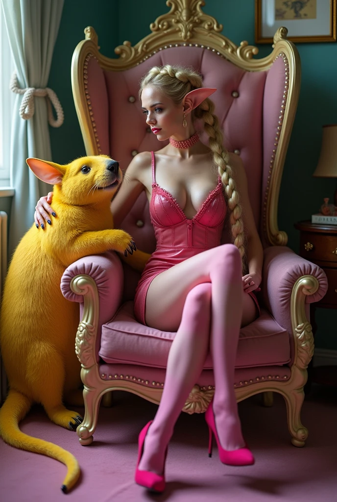 a pin up picture of goth (Elf: 1.4) as a dominatrix queen sitting on a neuropunk throne stroking a big yellow capybara (best details, Masterpiece, best quality :1.5), ultra detailed face (best details, Masterpiece, best quality :1.5), ultra feminine (best details, Masterpiece, best quality :1.5), wearing latex pink mini dress, pink stockings, pink high heels, small elf ears, long braided hair, hair pulled back, blond hair, modern bedroom background (best details, Masterpiece, best quality :1.5), ultra best realistic pictures , best details, best quality, 16k, [ultra detailed], masterpiece, best quality, (extremely detailed), ultra wide shot, photorealism, depth of field, hyper realistic painting