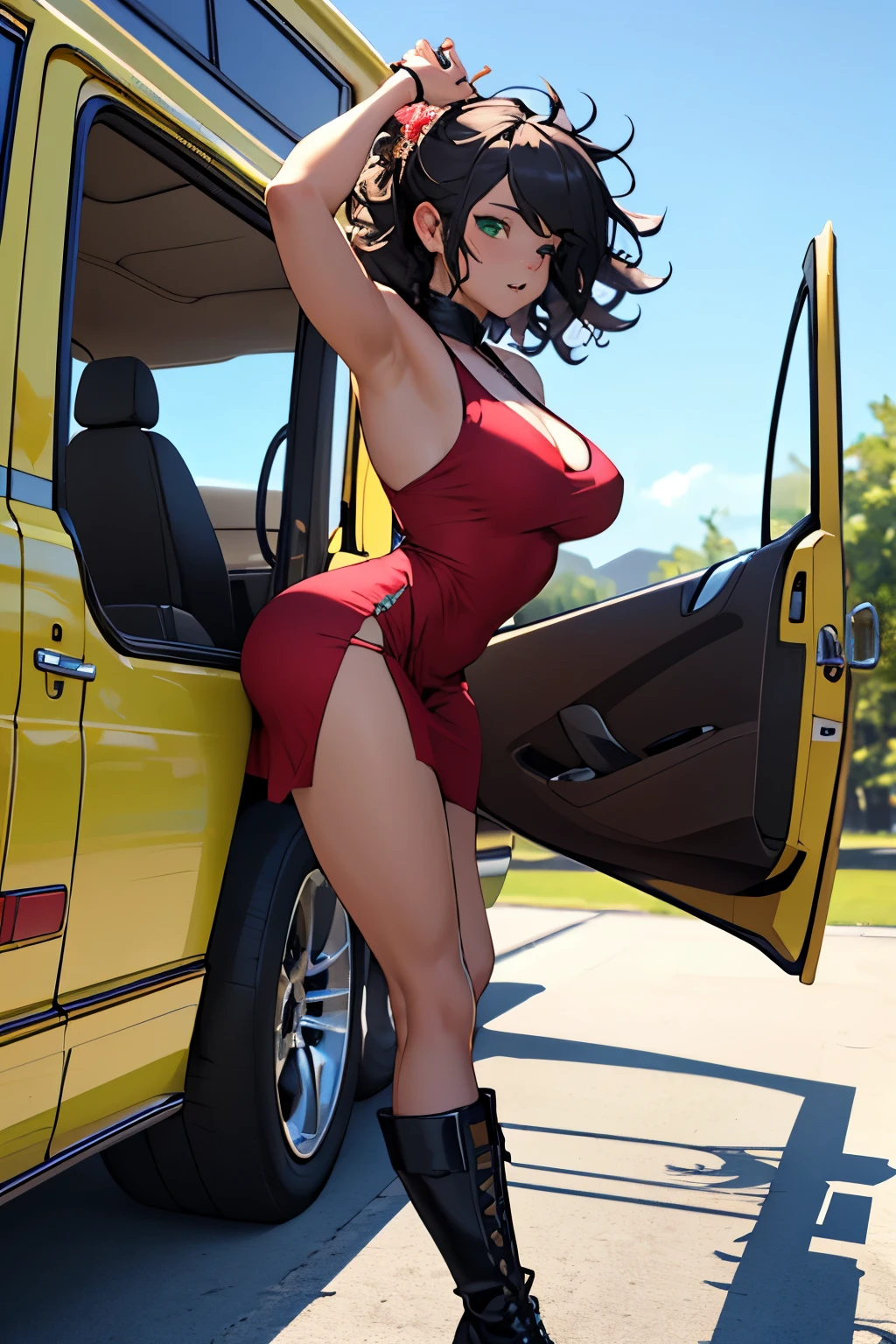 Create a 3d type of 1 anime girl with a red short skinny dress. Black long silky curly hair covering part of her left eye. Her right arm pumping up the boobs. She standing in a 3d view showing us her medium round ass. Seated on a green tree branch with her left leg up, wearing short black reflector boots. In the background there is a sky blue chrome color Bugatti parts in a 3d view with one of it's doors open. B
