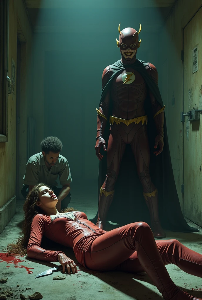 I'm recreating the flash story. Create an image of a fallen woman with blood-stained clothes, and a knife in his chest, enquanto um homem está de costas para the viewer ao lado do corpo dela, kneeling in tears. As a man in the Reverse Flash costume stares bizarrely, with a disturbing look and smile, the viewer. The image is in the same style as the so-called "analog horror"