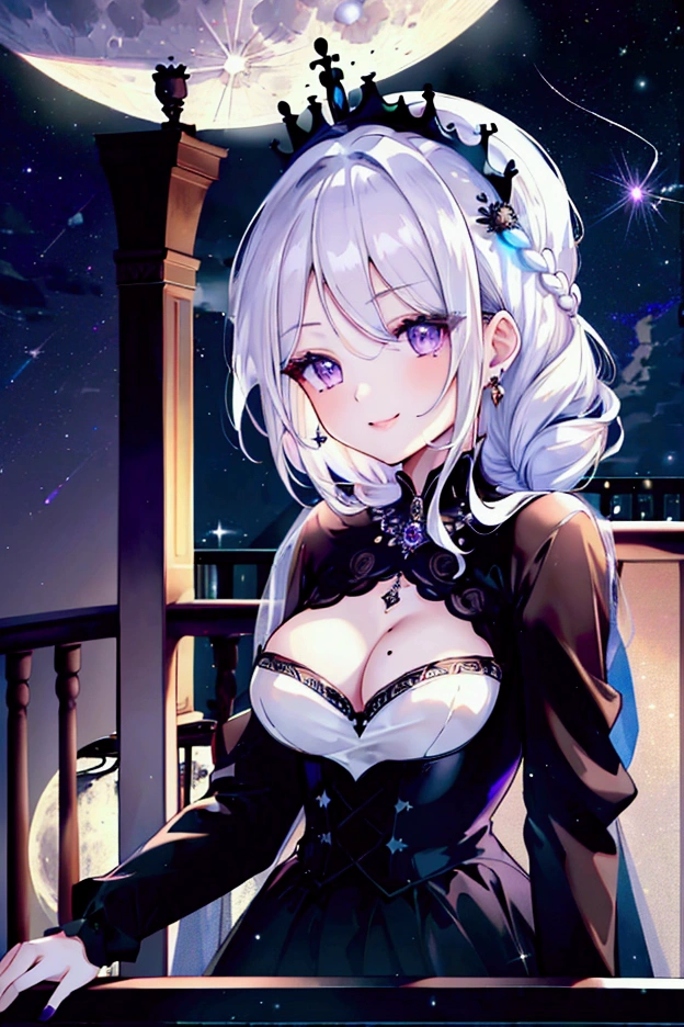 (Masterpiece, best quality, highres) 1 woman, solo, portrait, torso up, fully in frame, 24, lips, elegant, long flowing white hair, crown braid,  beautiful eyes, purple eyes, mole under right eye, fair skin, beautiful, maiden, perky breasts, curvy, black gothic dress, noble clothing, balcony, princess, elegant, ((sentimental smile,  light particles coming from moon, nighttime, balcony))
