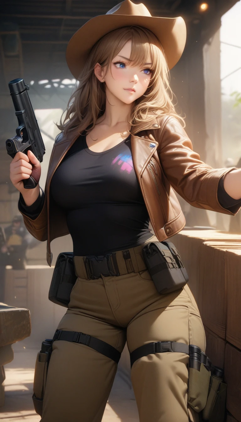 pointing pistol,(Highest quality),(Ultra-high resolution),(Very detailed),(The best CG),(masterpiece),RAW Photos, 8k、Realistic、Cool adult woman、score_9、score_8_up、score_7_up、score_6_up、source_アニメ、1girl、Cowboy hat、Dark blonde hair、Shaggy Hair、Black Shirt、tactical pants、Tactical Holder、Brown leather jacket、Paintball、Paint Spot、blue eyes、Aim the pistol、Hold a pistol、Cowboy Shot、masterpiece、Depth of written boundary、