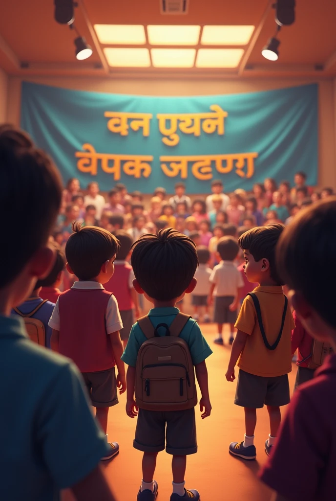"In a school assembly hall, children are gathered, some standing and others seated, listening to the headmaster announce a competition. Rahul is in the crowd, his eyes wide with excitement. The stage in the background has a banner with the words 'Sapne Aur Unka Mahatva' (Dreams and Their Importance) written in Hindi."