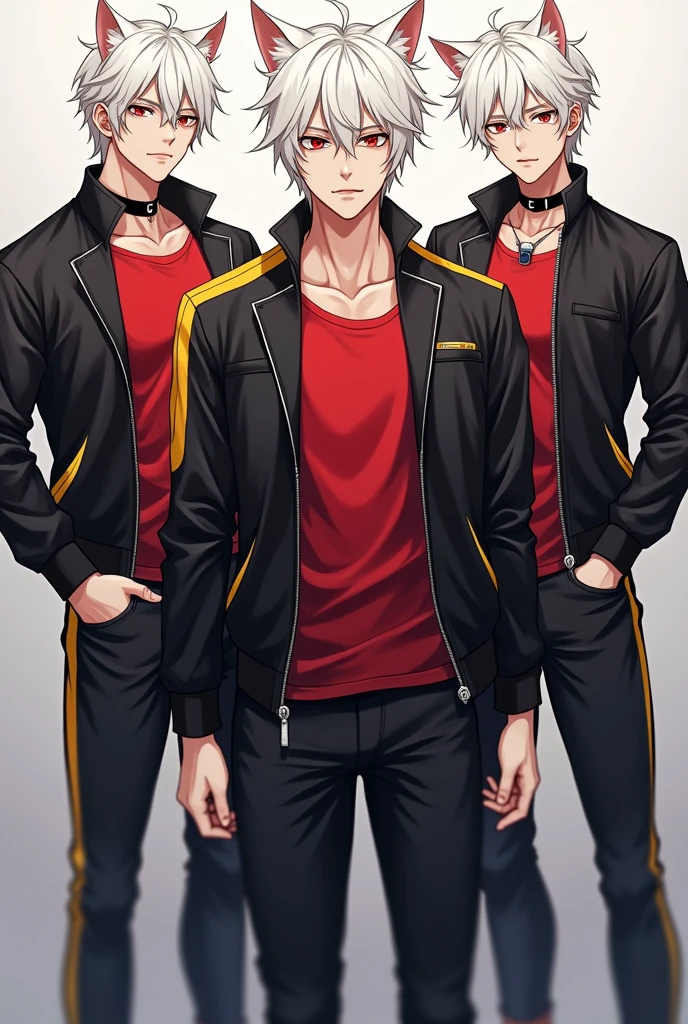 Anime style buffed up adult men white very short wavy hair with white cat ear sexy red iris eyes wearing black biker jacket with one yellow stripe pattern on shoulder plain red t-shirt inside wear choker and ear piece wear black pants with white sneaker staring in arouse