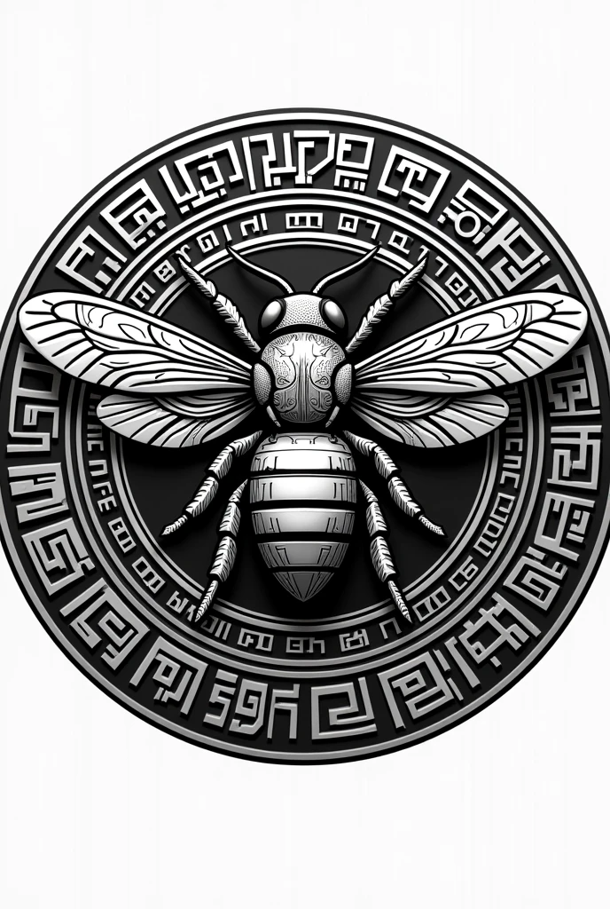 generates a logo of an Aztec calendar with an imperial bee in the center in black and white