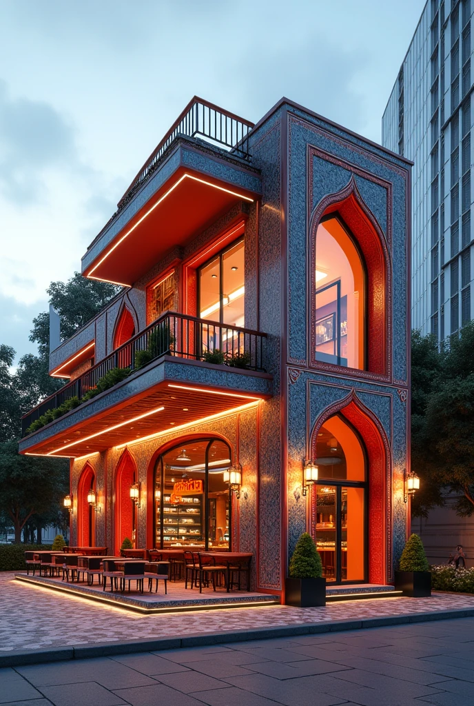 Fast food outdoor design in the city of Tehran, Iran, with a cold climate, in the style of Iranian architecture
