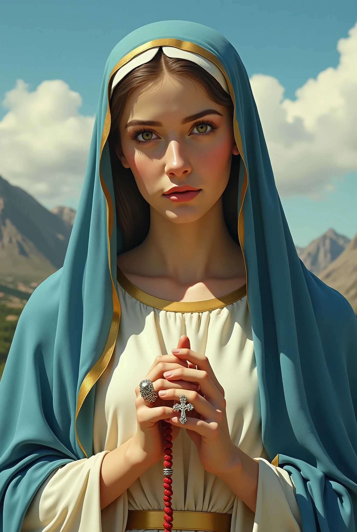 (((Virgin Mary looking at the camera. 1))) (((Retro vintage image))) ((( With a serious and pious face. Has a sweet and gentle look))) Extremely detailed, (Fractal art: 1.3), Colorful, Most detailed, Perfect face, Upper body, HDR, (Praying: 1.3), (Blue cloak and white robe: 1.2), , (Bright colors, hands holding a red rosary with a delicate cross on it) (With mountains and blue sky in the background)