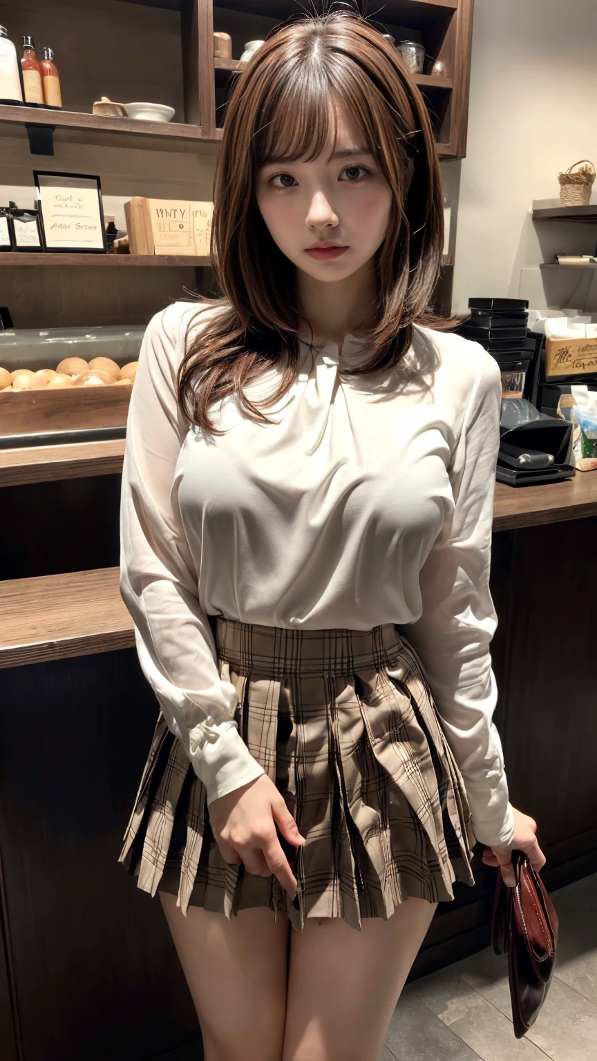 ((Wavy Shorthair))、Long bangs、Cafe Background、(tmasterpiece、top-quality、in 8K、32K、masterpiece、nffsw、ultra gigantic tits、超A high resolution、Impresionismo、Photorealsitic:1.2)、cowboy shot、foco nítido、Beautiful face with detailed face and eyelid background、blue open sky、shinny skin、Sharp pupils、Realistic eyes and beautiful face、blurry backround、1 beautiful girl、shinny skin、(((beautiful brown hair)))、Black eyes、(((White blouse with long sleeves)))、(((plaid pleated skirt)))、(Knee-length skirt、I see a very small white scanti:1.45)、thighs thighs thighs thighs、Curve、Dynamic Poses、Powerful composition、((Melancholy look))、((A look of contempt))、((Glaring at the viewer))、Sweating、((Brown hair))、Lace panties、((Sauce order))、(small mouth)、skirt rift、((Grabbing the skirt))、Panties with sexy design