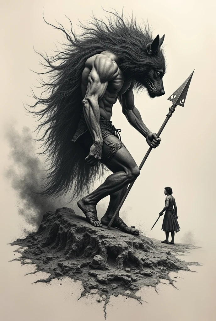 Create the following tattoo in pointillism specifically in pointillism the tattoo could represent a human figure with one foot on a dark and abstract creature that symbolizes Fenrir. The figure could be in a fighting stance, with an expression of calm and determination, while holding a broken spear or shield, symbols of the sacrifice necessary to fulfill one&#39;s destiny. Instead of explicitly showing the violent action, The tattoo could use elements such as cracks in the ground or a bleak landscape to represent devastation and sacrifice on the path to victory.. The character&#39;s sandals or feet could have significant details, as runes or marks, symbolizing secret power