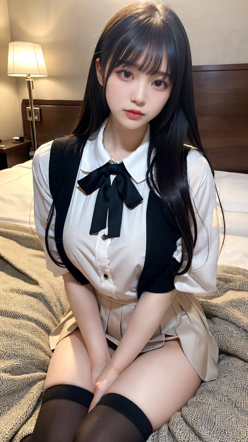 muste piece, best quality, illustration, Super detailed, fine details, High resolution, 8K,wall paper, perfect dynamic composition,(Details High quality, realistic depiction of eyes:1.3), (collared shirt:1.1), pleated skirt, knee high socks, large breasts, black hair color, Big Natural Color Lip, bold sexy pose, (perfect body shape), crying a little、cold gaze, Harajuku style、20 year old girl、cute type、lolita、beautiful legs, hotel room, hposing Gravure Idol, Voluptuous thighs
