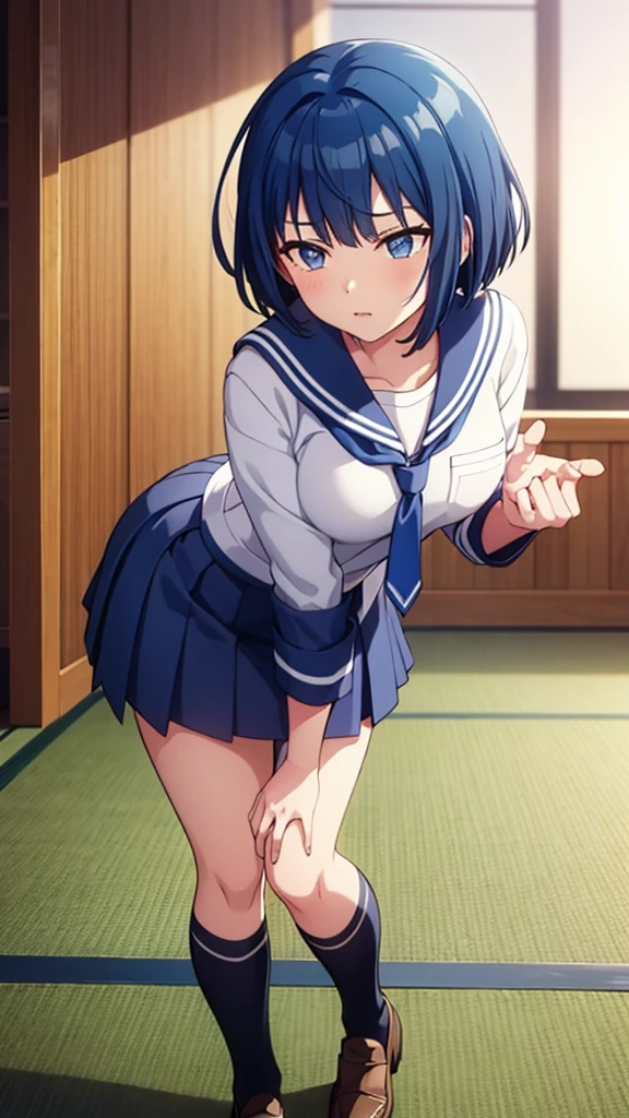 ((masterpiece, Highest quality, Very detailed, Very nice 8K CG wallpaper)), , A little thick, Medium Hair, Blue Hair, short hair, blue eyes,judo player、Sailor style uniforms、Large bust、Sailor suit、mini skirt、judo、Serious expression、Inside the judo Gymnasium、、On the tatami、discovery、One girl and one man、Two people、Combat Stance、whole body、Are standing、Intense Battle、judo格闘ポーズ、Haruka Kiritani、Bust Size C Cup、幼い頃judo家に育てられた、The strongest woman to win a tournament、Ninth Dan、The strongest woman who defeated the bully、Boy touches her hand、Sailor suitには少年っぽい匂いがする、She was kissed、Boy touches her hand、A boy kisses his girlfriend on the lips、Sailor suitには少年の手ついている、Sailor suitには少年の汗ついている、Sailor suit着た状態、She was captured by the boy、She was held by the boy with both hands.、judoの試合中に口つげのキスされる彼女、Schoolgirl uniform、High School Girl Uniform Tie、女子高生のmini skirt、loafers、Schoolgirl Style、judo着に無し、judo格闘ポーズ、judoの試合中少年に両手掴まれたとき口つげのキスされたときのポーズ